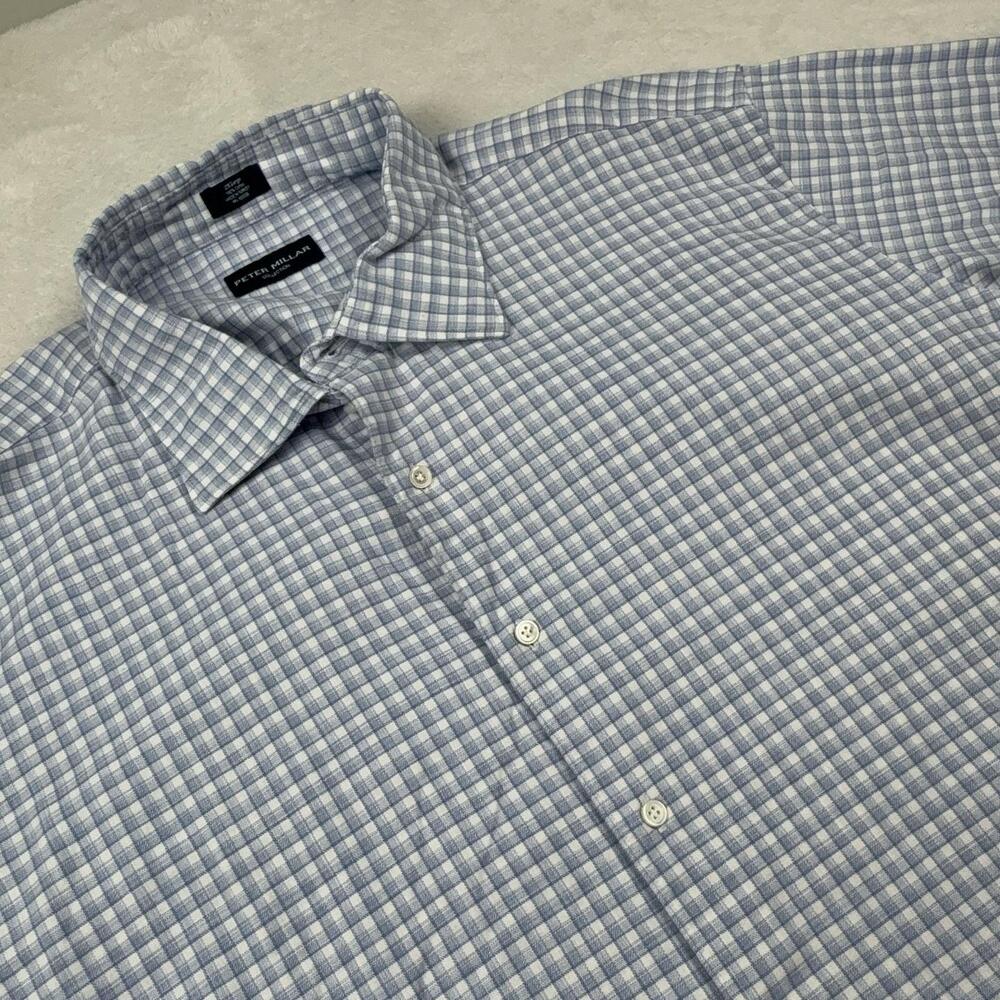 Peter Millar Button Up Shirt Men 2XL Blue Check Long Sleeve Cotton Classic Fit